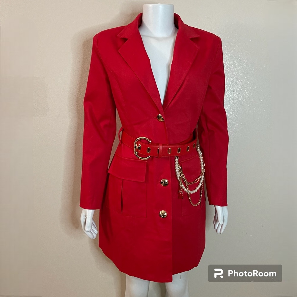 Red single breasted belted over the knee trench coat